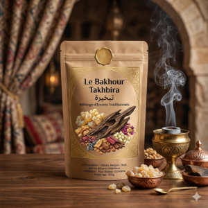 Sachet artisanal en papier kraft "Le Bakhour Takhbira" posé sur une table en bois. L'étiquette présente des calligraphies arabes et une illustration de morceaux d'oliban, de benjoin et de bois d'oud. À côté du sachet, un encensoir traditionnel en argile cuite (Kanon) dégage une fine fumée parfumée dans un décor oriental chaleureux.