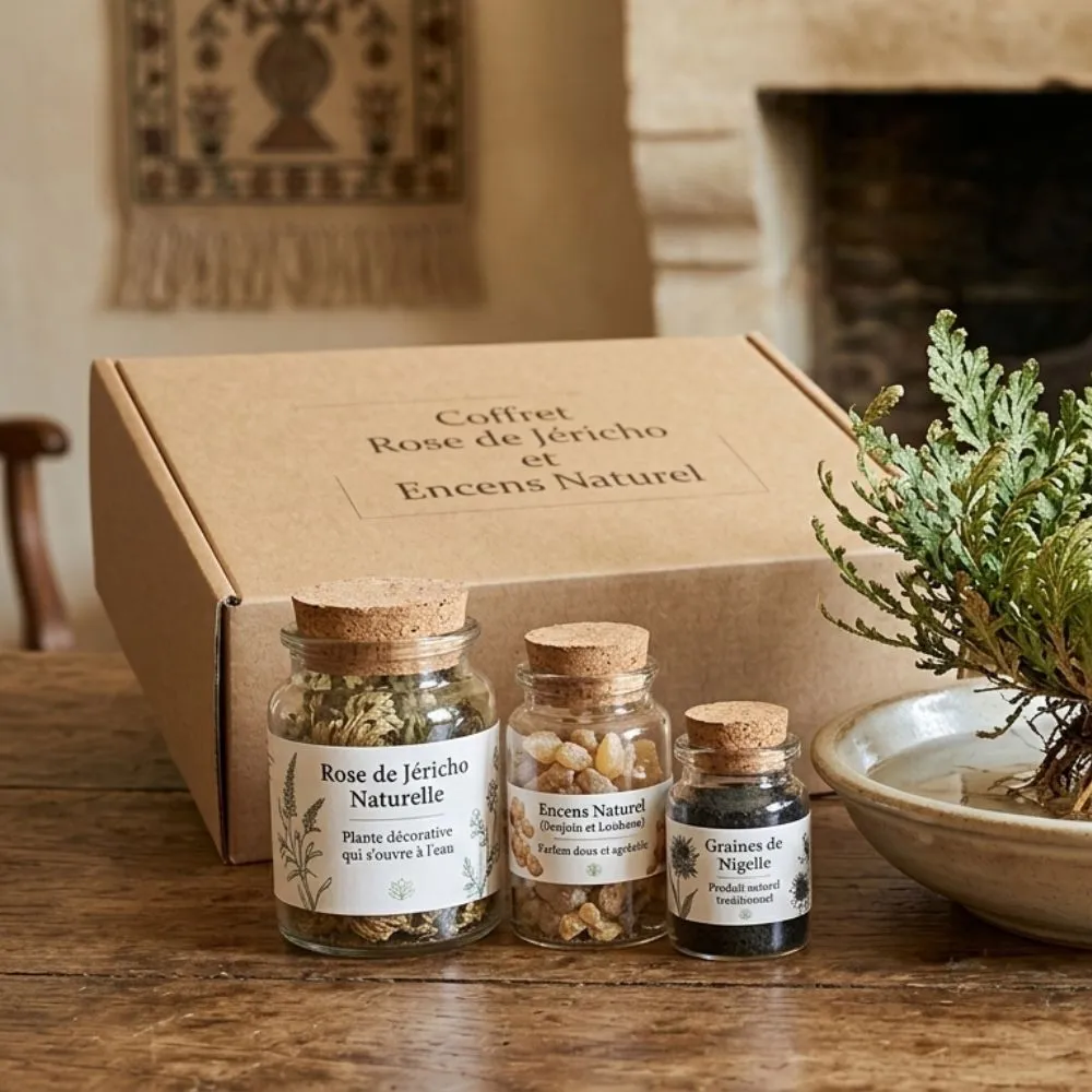 Coffret cadeau traditionnel comprenant une Rose de Jéricho s'épanouissant dans une coupelle d'eau, un sachet d'encens naturel (benjoin et loubane) et une fiole de graines de nigelle.