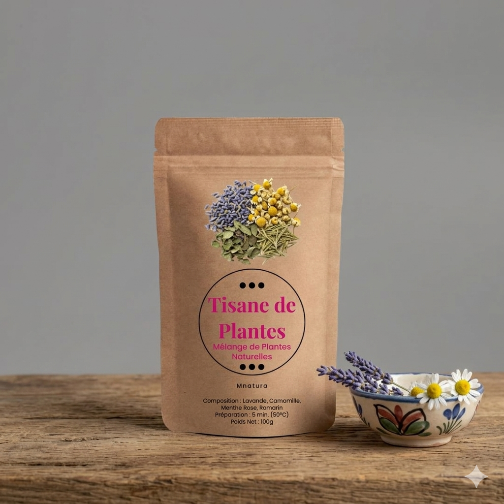 Sachet de tisane aux plantes naturelles "Mnatura" sur une table en bois avec un petit bol de fleurs de lavande et camomille.