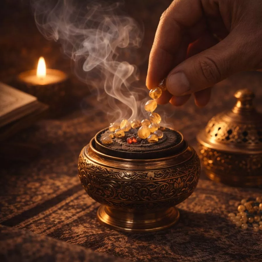 Rituel purification foyer arabe avec férule hantita, benjoin jawi et encens traditionnel